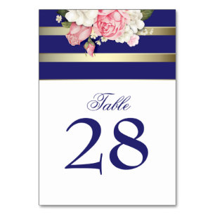Numéro De Table Vintage Floral Gold Navy White Stripes Mariage