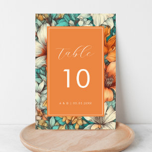 Numéro De Table Vintage Retro Fleurs Script Turquoise & Orange Mar