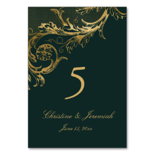 Numéro De Table Vintage Vert or Floral Damask Script Mariage