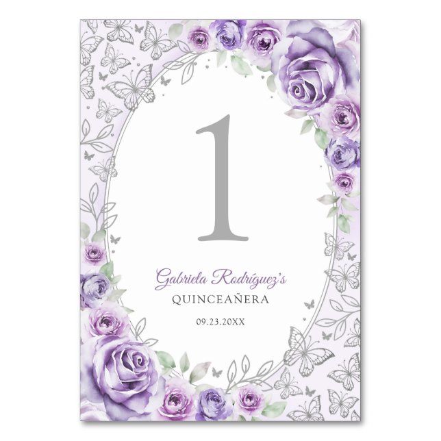 Numéro De Table Violet Pourpre Argent Floral Quinceanera (Par défaut)