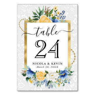 Numéro De Table Watercolor Blue and Yellow Flowers Wedding