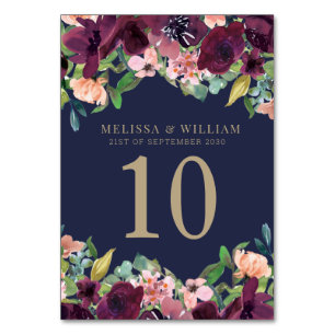 Numéro De Table Watercolor Marine Floral Bourgogne Mariage
