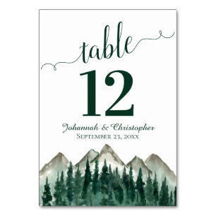 Numéro De Table Watercolor Pine Forest & Mountains Rustic Mariage