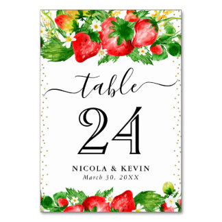 Numéro De Table Watercolor Strawberries and Summer Flowers Wedding