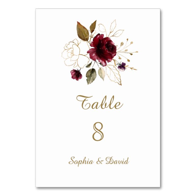 Numéro De Table Whimsical Bourgogne Gold Floral Numéro de tableau (Par défaut)