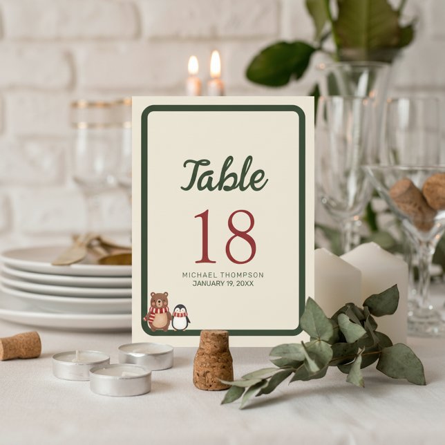 Numéro De Table Woodland Winter Baby Shower (Celebrate a little boy on the way with these charming woodland winter baby shower table numbers.)