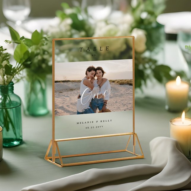 Numéro de tableau photo minimal élégant de script  (Minimal Elegant Wedding Script Photo Table Number Acrylic Sign)