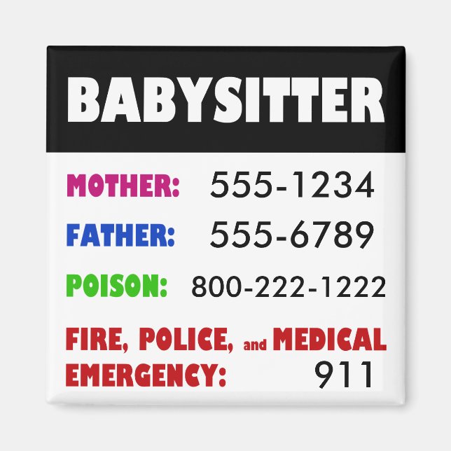 Numéro de téléphone d'urgence de Babysitter aimant (Devant)