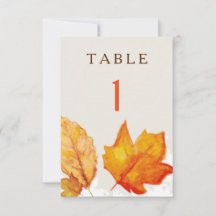 Numéros de table à l'aquarelle de feuilles d'autom