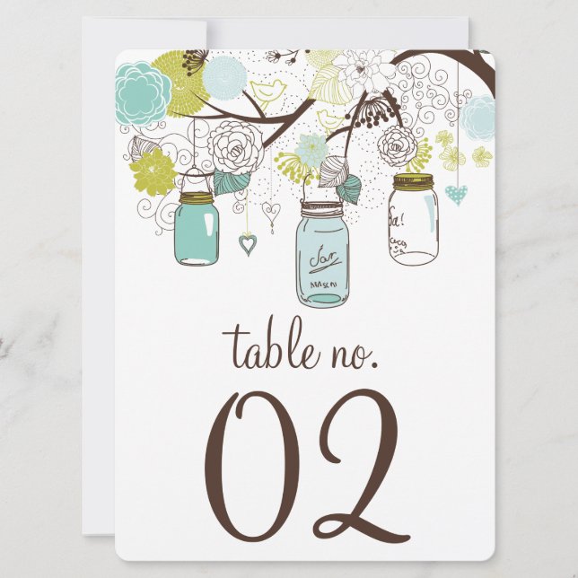 Numéros de table avec pots Mason bleus et verts (Devant)