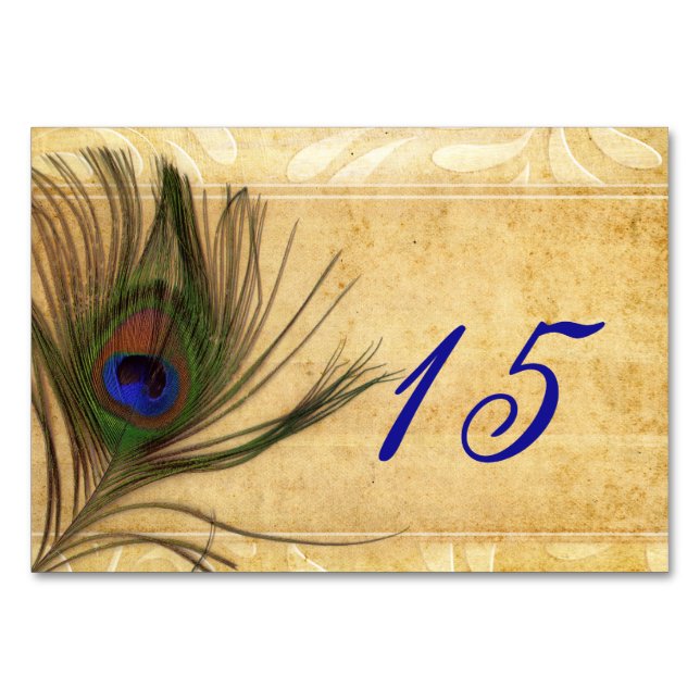 Numéros de table de mariage de plume de paon rusti (Devant)