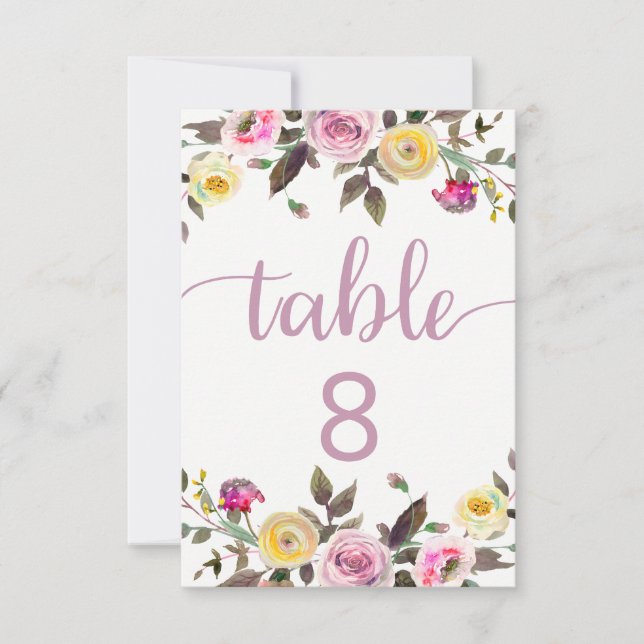 Numéros de table de mariage floral aquarelle Rose  (Devant)