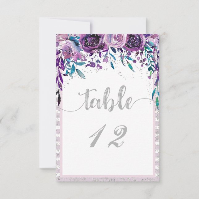 Numéros de table de mariage floraux violets et arg (Devant)