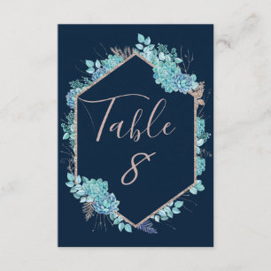 Numéros de table de mariage Navy Succulents & Rose
