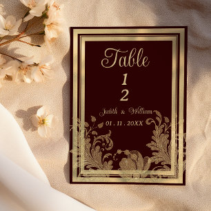 Numéros de table en dentelle florale or burgundy v