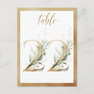 Numéros de table en or avec feuillage vert, carte 