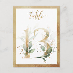 Numéros de table en or avec feuillage vert, carte