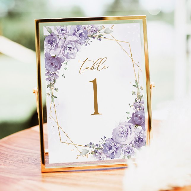 Numéros de table géométriques dorés floraux de lav (Lavender Floral Gold Geometric Wedding Table Number, elegant purple rose wedding table numbers)