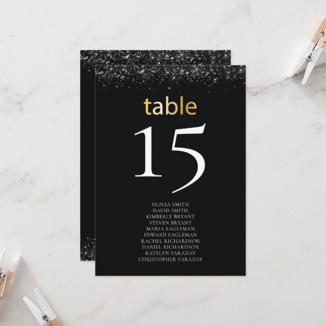 Numéros de table mariage Design noir avec Parties  (Devant/Arrière en situation)