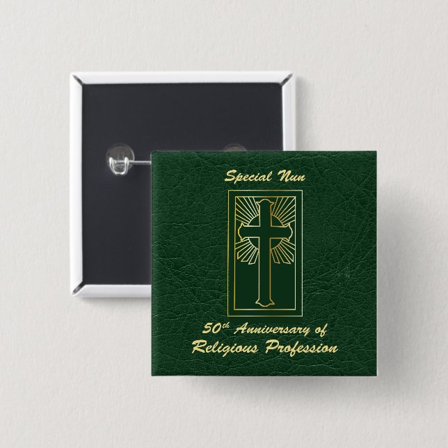 Nun 50th Anniversary of Religious Profession Green 2 Inch Square Button (Front & Back)