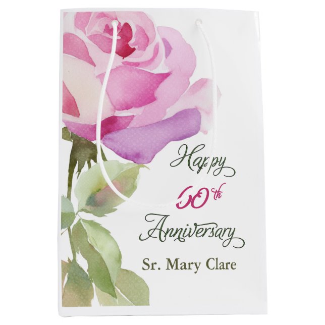 Nun 60th Anniversary Jubilee Custom Name Pink Rose Medium Gift Bag (Front)