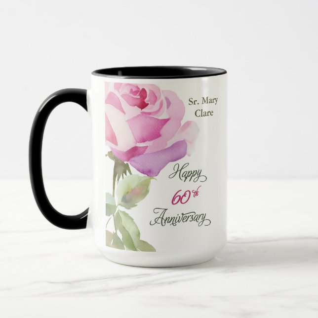 Nun 60th Anniversary Jubilee Custom Name Pink Rose Mug (Left)