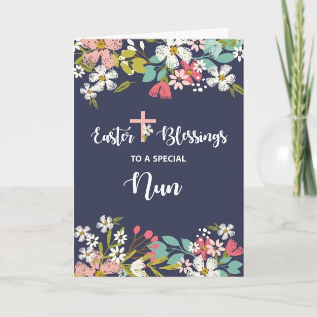 Nun Easter Blessings of Risen Christ Flowers Card (Front)