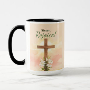 Nun Easter Rejoice Cross and Lilies Mug
