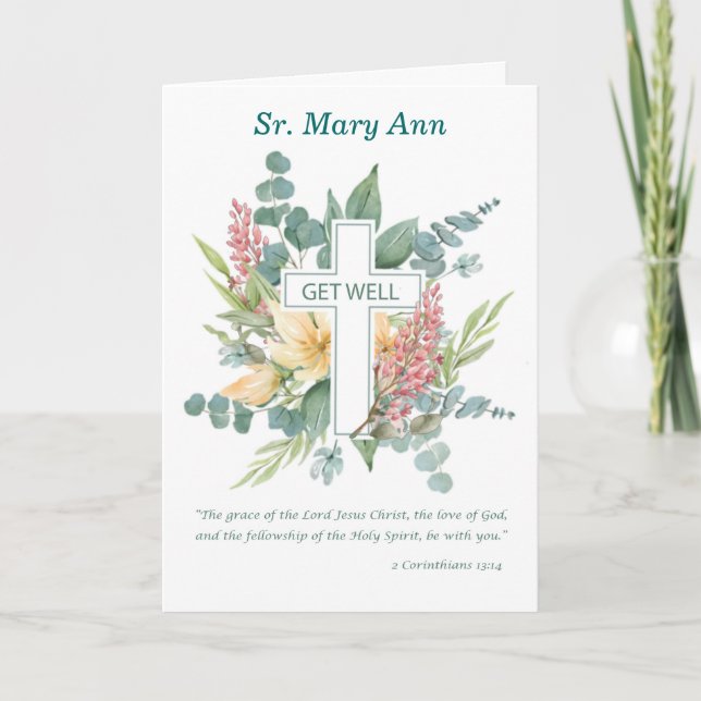 Nun Get Well Religious Cross with Wildfowers Card (Front)