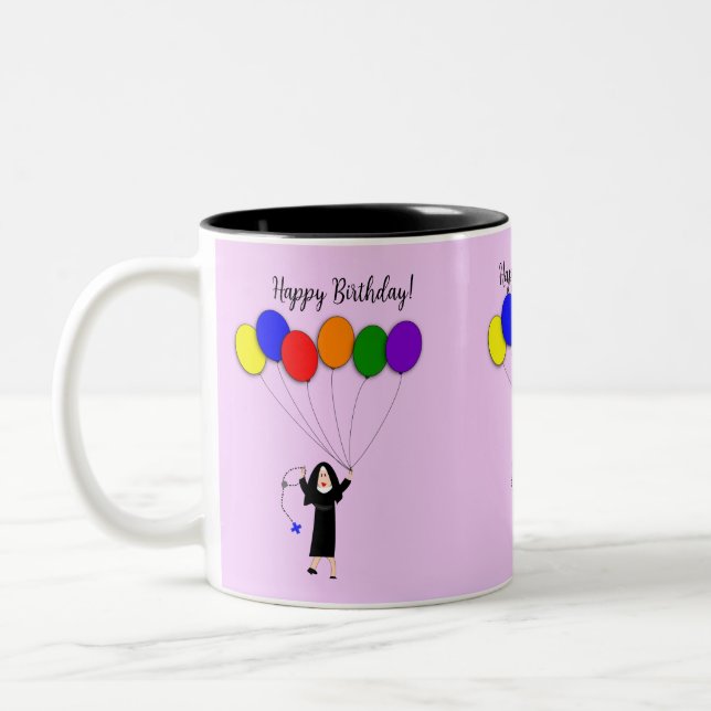 Nun Happy Birthday Lavender Two-Tone Coffee Mug (Left)