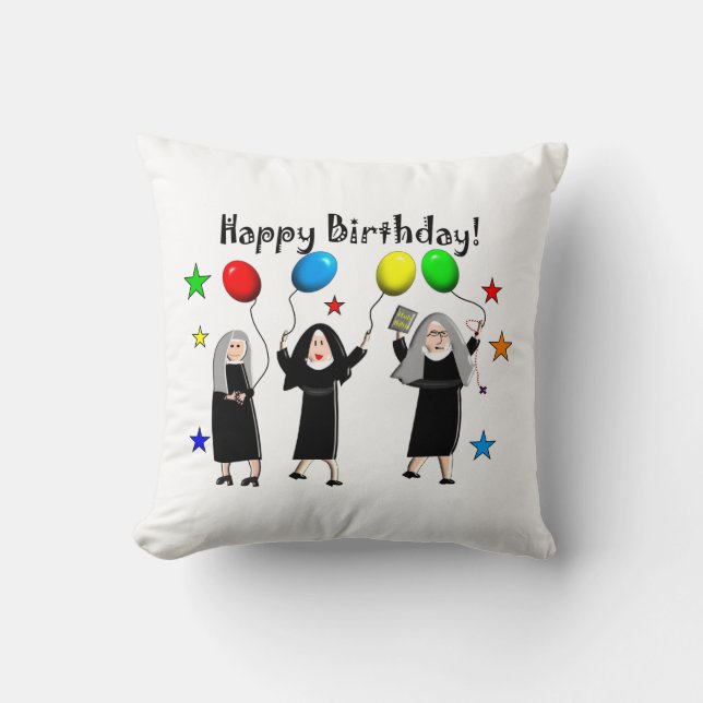 Nun Happy Birthday White Throw Pillow (Front)