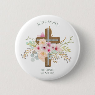 NUN - Ordination or Anniversary - Floral Cross 2 Inch Round Button