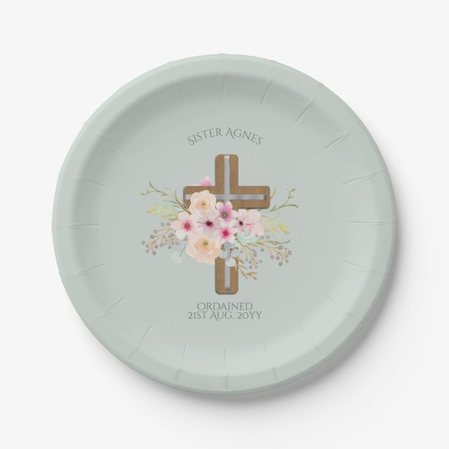 NUN - Ordination or Anniversary - Floral Cross Paper Plate (Front)