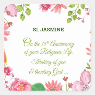 Nun Religious 15th Anniversary Watercolor Flowers Square Sticker