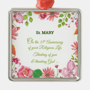 Nun Religious 35th Anniversary Watercolor Flowers Metal Ornament