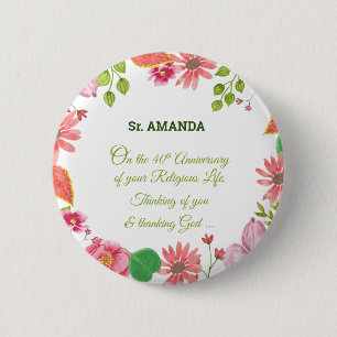 Nun Religious 40th Anniversary Watercolor Flowers 2 Inch Round Button