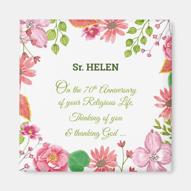 Nun Religious 70th Anniversary Watercolor Flowers Magnet (Front)
