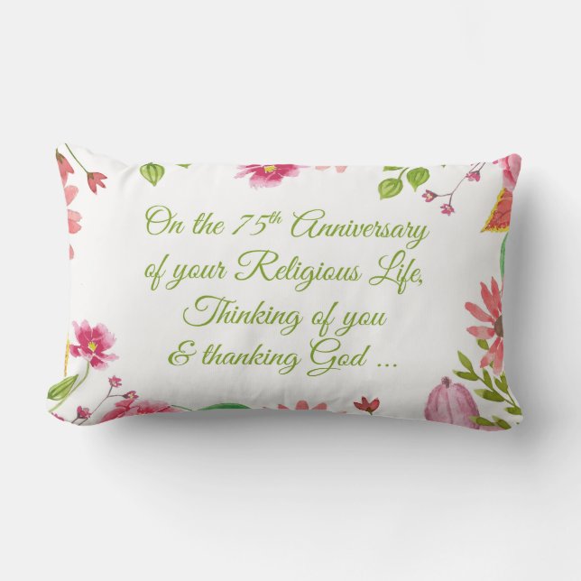 Nun Religious 75th Anniversary Watercolor Flowers Lumbar Pillow (Front)
