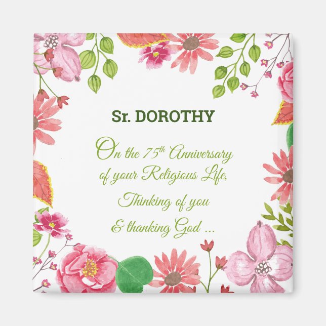 Nun Religious 75th Anniversary Watercolor Flowers Magnet (Front)