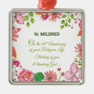 Nun Religious 80th Anniversary Watercolor Flowers Metal Ornament