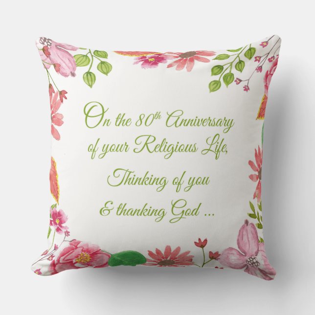 Nun Religious 80th Anniversary Watercolor Flowers Throw Pillow (Front)