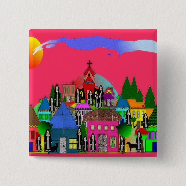 "Nuns of the Village" Whimsical Art Gifts 2 Inch Square Button (Front)