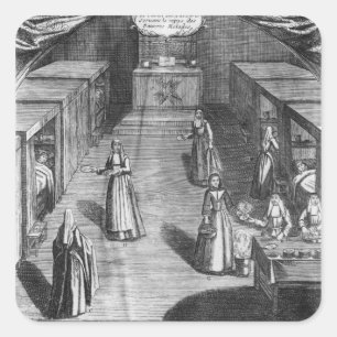 Nuns serving food to the patients at the square sticker