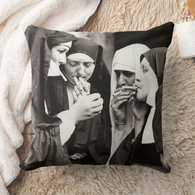 Nuns Smoking Vintage Photo Throw Pillow (Blanket)
