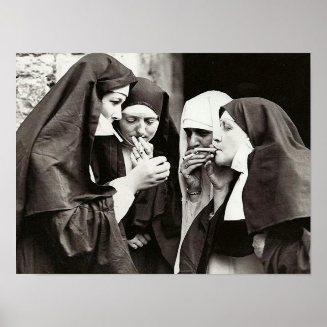 Nuns Smoking Vintage Photography 16x12in Poster (Front)