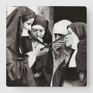 Nuns Smoking Vintage Photography Square Wall Clock
