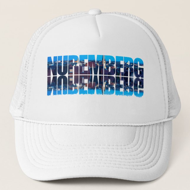 Nuremberg text composed of night old town view trucker hat (Front)