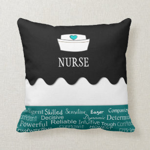 Nurse Adjectives Black and Dark Teal Throw Pillow
