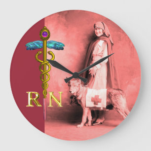 NURSE AND RESCUE DOG /Gold Caduceus RN Emblem Large Clock