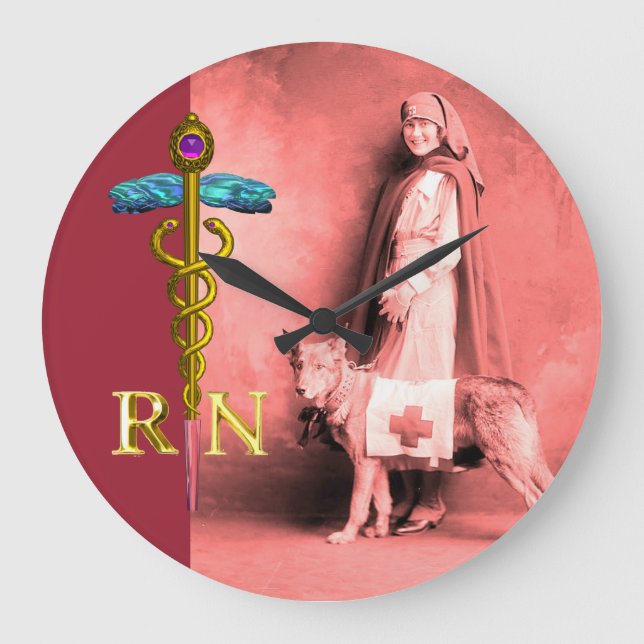 NURSE AND RESCUE DOG /Gold Caduceus RN Emblem Large Clock (Front)